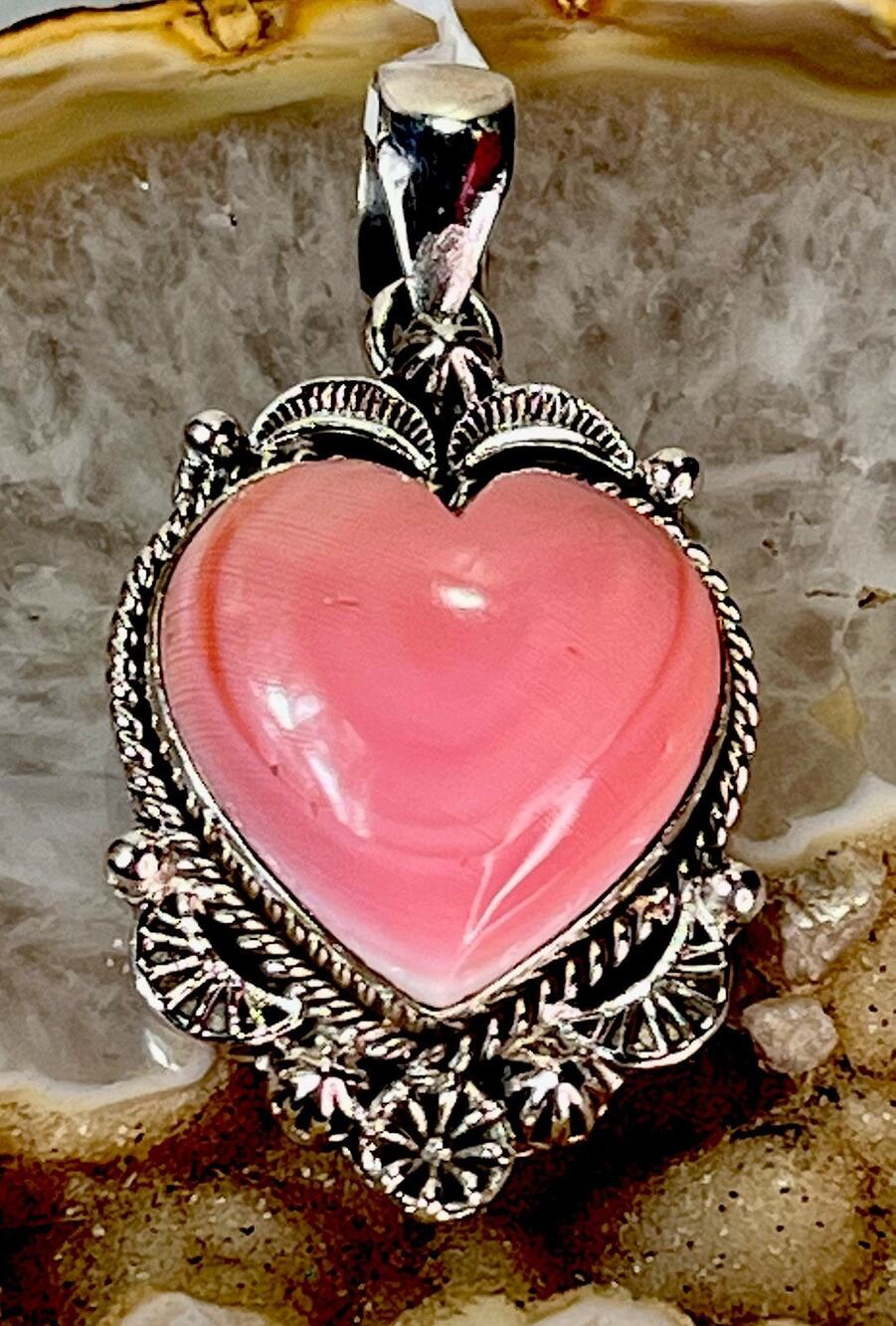 Sterling Silver Queen Pink Conch Heart Statement Pendant Handmade Southwestern